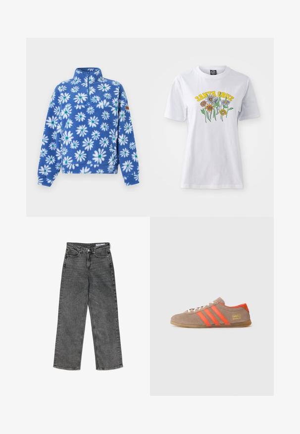 Blå fleece-trøje med hvide margueritmønstre, lange ærmer, halv lynlås foran og høj krave.; Hvid bomulds T-shirt med et farverigt blomsterdesign og teksten "SANTA CRUZ" i gul, rund halsudskæring, korte ærmer og en afslappet pasform.; Højtaljede sorte vasket lige ben jeans med forlommer, bæltestropper, knaplukning og et mærkets indre taljeband.; Brune ruskinds sneakers med tre klare orange striber, snørebånd foran og gyldent "Gazelle" branding på siden. Flad gummi sål.