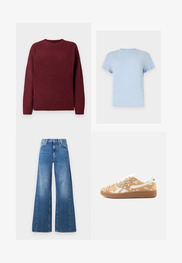 Burgunderfarbener Pullover mit rundem Halsausschnitt, langen Ärmeln, geripptem Saum und Bündchen, aus weichem, strukturiertem Stoff, der sich gut zum Übereinandertragen eignet.; Hellblaues T-Shirt mit kurzen Ärmeln und Rundhalsausschnitt, einfarbig und mit weicher Stofftextur.; Weite blaue Jeans mit hoher Taille, ausgestattet mit frontalen Taschen und einem verwaschenen Look, aus Baumwolle mit glatter Textur.; Low-Top Reebok Sneaker mit hellbrauner und weiß gefleckter Fellstruktur, weißem Branding und Gummisohle, von der Seite gezeigt.