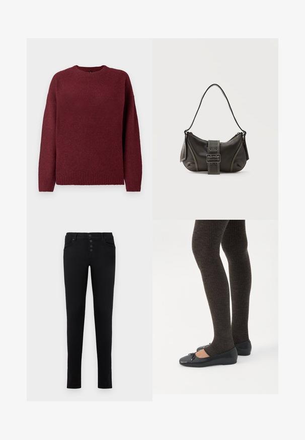 Bordeaux sweater med rund halsudskæring, lange ærmer, ribbet kant og manchetter, lavet af blødt, struktureret stof der er velegnet til lag-på-lag.; Sorte denim jeans med slim fit, fem lommer og knappelukning. Har en glat tekstur og rene linjer.; Ben iført mørke ribbede leggings kombineret med sorte balletsko med små sløjfedetaljer på hvid baggrund.; Sort læder skuldertaske med spænde på remmen, afrundede kanter og kontrasterende hvide syninger på en ensfarvet baggrund.
