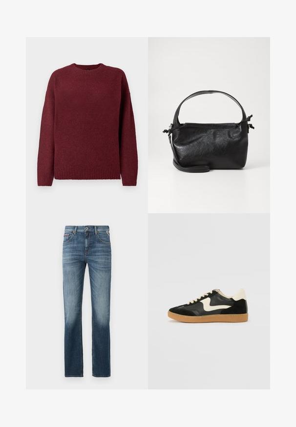 Pull bordeaux à col rond, à manches longues, avec un ourlet et des poignets côtelés, fabriqué en tissu doux et texturé, idéal pour le layering.; Jeans en denim bleu foncé avec une coupe à jambes droites, un léger délavage au niveau des cuisses et des coutures contrastantes. Design classique à cinq poches avec une fermeture éclair.; Baskets en daim et cuir noir avec un swoosh latéral crème et un talon crème clair. Dotées de lacets beige et d'une semelle en caoutchouc gomme.; Sac à main en cuir noir au design structuré, avec une poignée arrondie et une bandoulière amovible. Présente une texture lisse et un éclat subtil.
