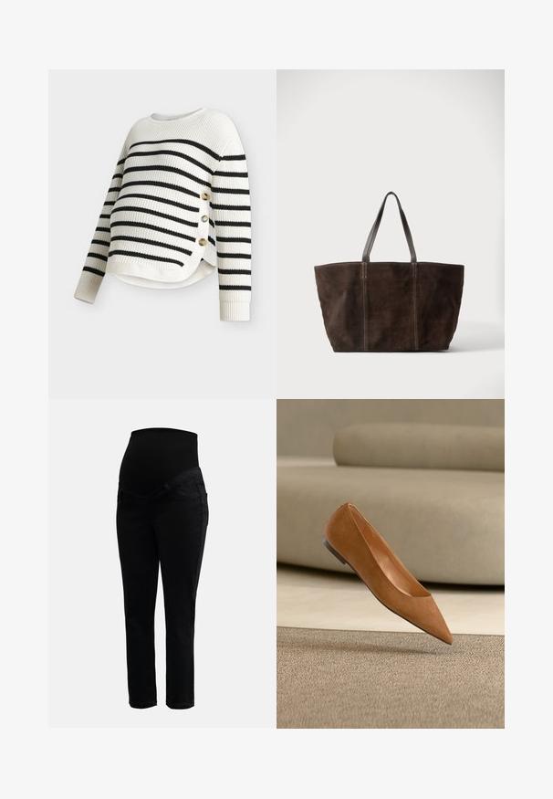 Pull blanc en maille avec rayures horizontales noires, col rond, manches longues, détail bouton sur le côté avec trois boutons beige.; Jeans de maternité noirs avec une taille haute extensible et des jambes slim, conçus pour le confort et le soutien pendant la grossesse.; Chaussure plate marron à bout pointu flottant au-dessus d'un tapis beige texturé avec un canapé courbe beige clair en arrière-plan.; Sac cabas en daim brun foncé avec deux poignées en cuir noir et des détails de coutures verticales, présenté sur un fond clair uni.