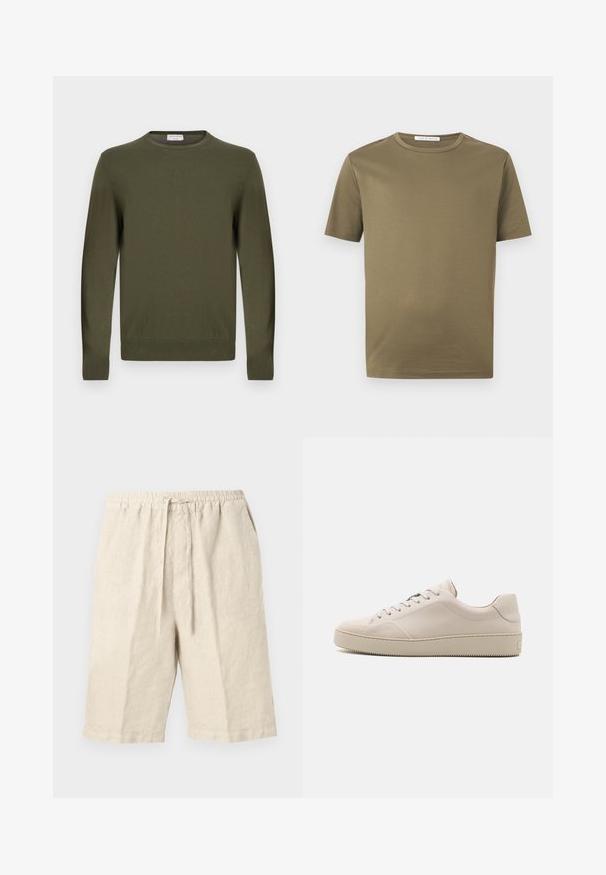 Olivengrøn rundhalset sweater med lange ærmer og ribstrikkede manchetter og kant, vist på hvid baggrund.; Kortærmet T-shirt med rund hals i olivengrøn med ensfarvet design, vist mod en hvid baggrund.; Beige linnedragter med elastik i taljen, snørelukning og sidelommer. Har en afslappet pasform og blød tekstur.; Beige lædersneakers med en glat finish, rund tå, flad sål og klassisk snøredesign. Subtile syninger og struktureret ydersål.