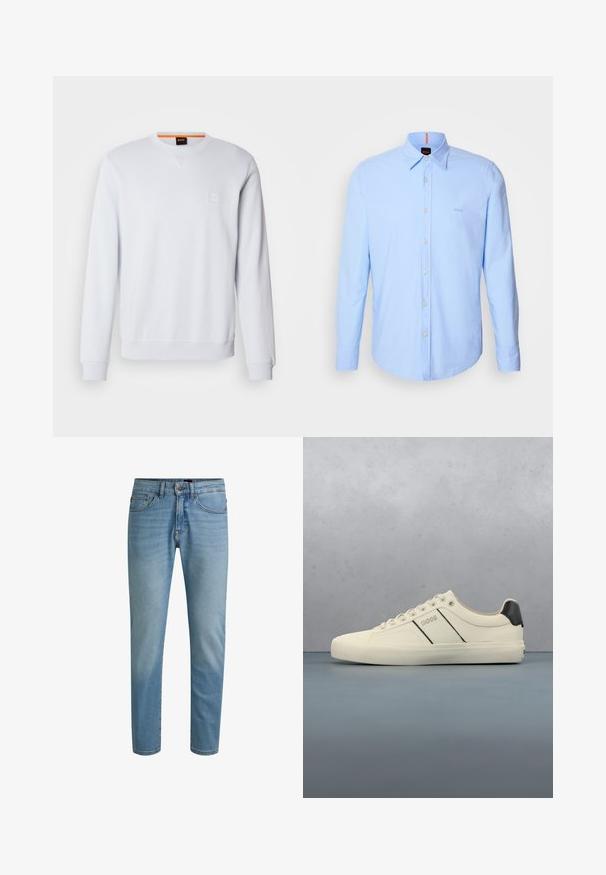 Hvid sweatshirt med lange ærmer, rund halsudskæring og diskret logo-patch. Glat tekstur og ribbede manchetter og kant for et tætsiddende look.; Lyseblå langærmet skjorte lavet af bomuld, med krave der kan knappes ned, knaplukning foran og diskret logo-broderi på brystet.; Lyseblå denimjeans med lige ben, design med fem lommer og let falmning. Har knaplukning og bæltestropper.; Cremefarvede sneakers med en glat tekstur, der har sorte accenter og branding. Klassisk snørebåndsdesign med rund tå og gummisål.