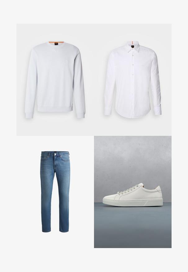 Hvid sweatshirt med lange ærmer, rund halsudskæring og diskret logo-patch. Glat tekstur og ribbede manchetter og kant for et tætsiddende look.; Hvid langærmet skjorte med knaplukning lavet af bomuld, med en klassisk krave, subtilt logo nær brystet og hvide knapper.; Lyseblå denim jeans med almindelig pasform, der har en glat tekstur, fem-lommers design og en lynlåsåbning med knaplukning.; Hvid lædersneaker med rund tå, minimalistisk design, grå snørebånd og en tekstureret grå gummisål. Subtile syningsdetaljer er synlige.