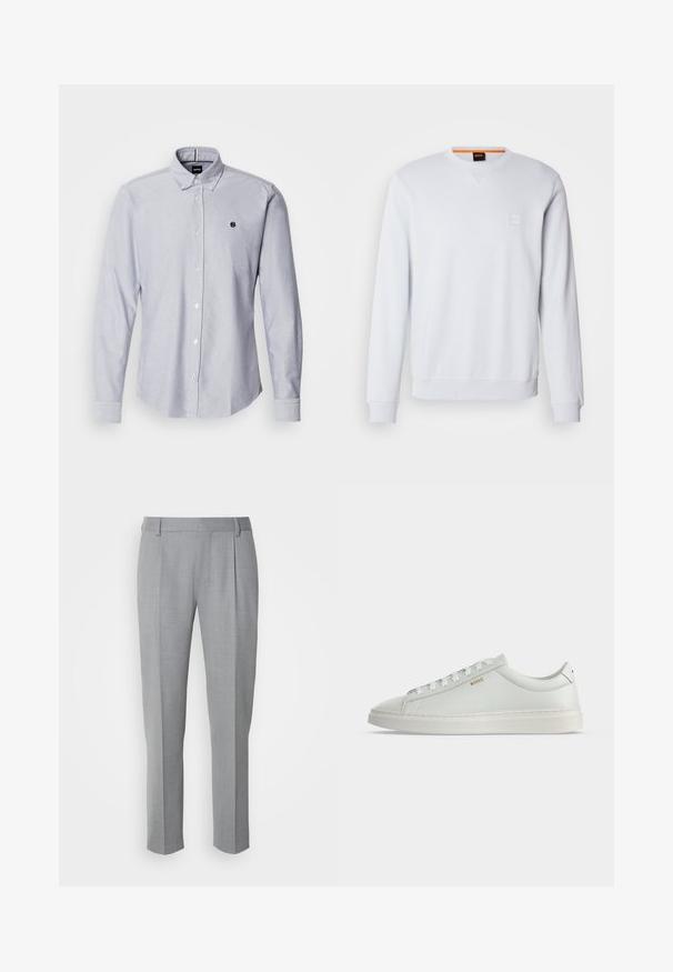 Sweat-shirt blanc à manches longues, col rond, avec un logo discrètement brodé. Texture lisse et poignets et ourlet côtelés pour un look ajusté.; Chemise boutonnée bleu clair à manches longues, fabriquée à partir d'un tissu texturé. Présente un petit logo sur la poitrine gauche et des poignets standards.; Pantalons gris sur mesure avec une texture lisse, présentant un devant plat, des jambes droites et de légères pinces pour plus de détail.; Baskets basses blanches en cuir avec lacets, semelle plate et petit logo doré "BOSS" sur le côté, vues de l'extérieur.