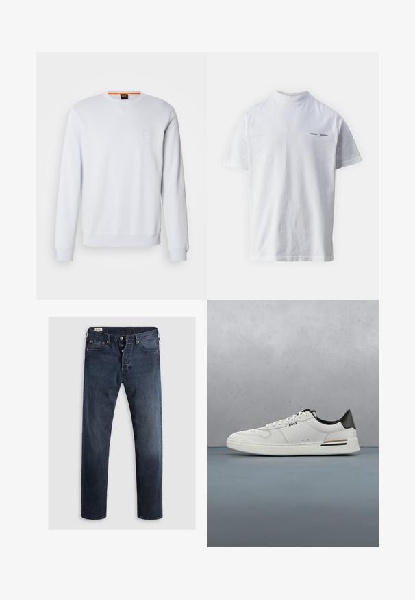 Sweat-shirt blanc à manches longues, col rond, avec un logo discrètement brodé. Texture lisse et poignets et ourlet côtelés pour un look ajusté.; T-shirt en coton blanc avec un col haut et des manches courtes. Présente le logo "SAMSØE SAMSØE" en noir sur le devant. Texture lisse.; Jeans en denim bleu foncé avec une coupe droite, dotés d'un zip et de boutons en métal, ainsi que d'accents de rivets en cuivre. Texture lisse, sans motifs visibles.; Sneaker basse blanche avec talon noir, fermeture à lacets, perforations subtiles et logo "BOSS" sur le côté, vue depuis le profil extérieur.