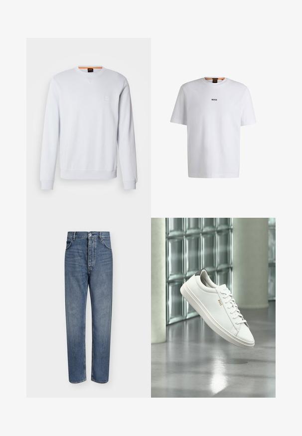 Witte sweatshirt met lange mouwen, ronde hals en subtiele logo patch. Soepele textuur en geribbelde manchetten en zoom voor een aangesloten look.; Witte katoenen T-shirt met korte mouwen, voorzien van een zwart "BOSS"-logo in het midden van de borst en een ronde halsontwerp.; Blauwe denim jeans met rechte pijpen, hoge taille, knoopsluiting aan de voorkant en vijfzakkenontwerp op een effen lichte achtergrond.; Witte leren lage sneaker met veters, zwarte hielstrook en "BOSS"-logo, zwevend binnenshuis bij een glazen stenen muur en gepolijste vloer.