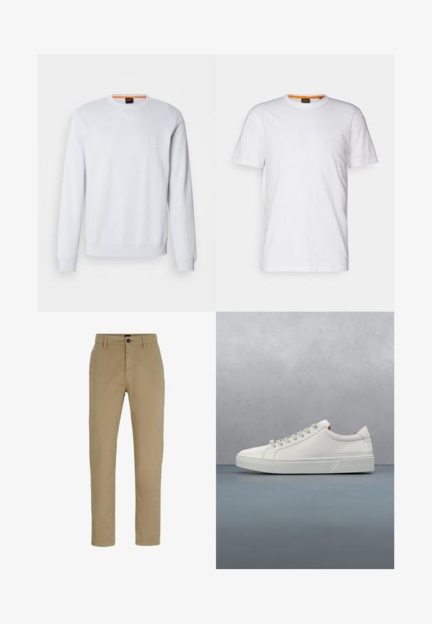 Witte sweatshirt met lange mouwen, ronde hals en subtiele logo patch. Soepele textuur en geribbelde manchetten en zoom voor een aangesloten look.; Witte katoenen T-shirt met ronde hals, korte mouwen en een subtiel reliëflogo op de borst. Het binnenlabel heeft een oranje accent.; Beige katoenen chinos met een slim fit, platte voorkant en een knoopsluiting. Voorzien van ceintuurlussen en zijzakken voor functionaliteit.; Witte leren sneaker met een ronde neus, minimalistisch ontwerp, grijze veters en een gestructureerde grijze rubberen zool. Fijne stikdetails zichtbaar.