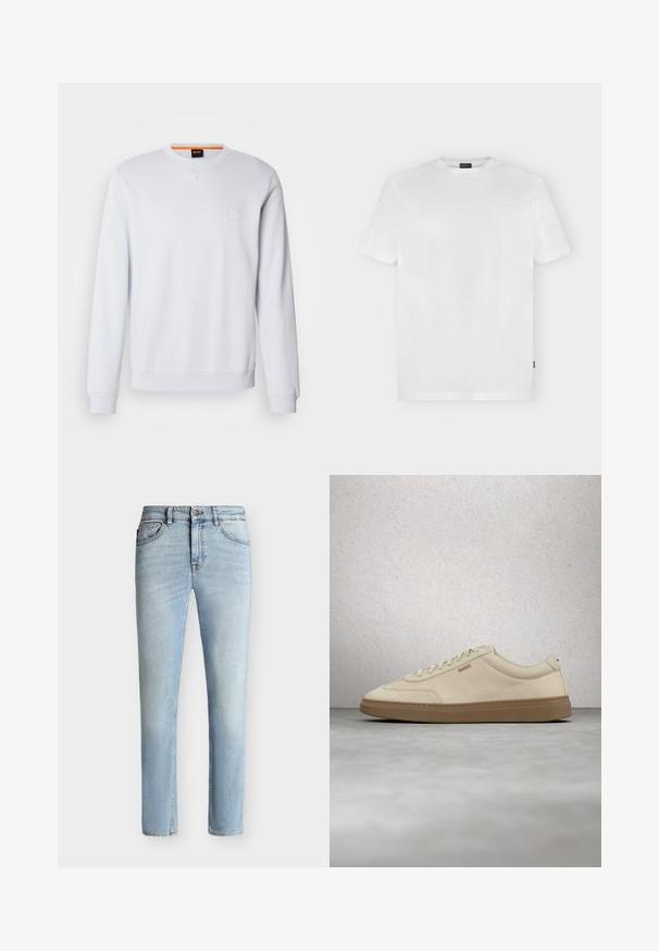 Sudadera blanca con mangas largas, cuello redondo y un discreto parche con el logo. Textura suave y puños y dobladillo acanalados para un ajuste ceñido.; Camiseta blanca de manga corta con cuello redondo, con un logo discreto en el pecho izquierdo y una pequeña etiqueta negra en la costura lateral izquierda.; Vaqueros ajustados de denim azul claro con botón y cremallera delanteros, diseño de cinco bolsillos y sutil desgaste desde el muslo hasta la rodilla.; Zapatilla de ante beige claro con suela de goma color caramelo, cordones prominentes y detalles de costura sutiles. Diseño limpio con una estética minimalista.
