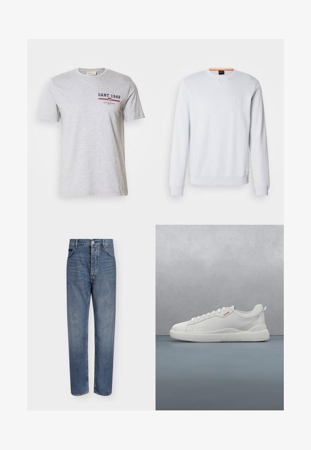 Witte sweatshirt met lange mouwen, ronde hals en subtiele logo patch. Soepele textuur en geribbelde manchetten en zoom voor een aangesloten look.; Grijze katoenen t-shirt met korte mouwen, ronde hals en bedrukte tekst in marineblauw en rood. Bevat een logo en horizontale strepen.; Blauwe denim jeans met rechte pijpen, hoge taille, knoopsluiting aan de voorkant en vijfzakkenontwerp op een effen lichte achtergrond.; Witte sneaker met een gladde leren afwerking, ronde neus, vier veterogen, subtiele perforaties en een rood logo detail aan de zijkant.