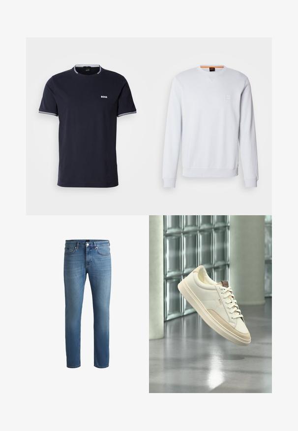 Hvid sweatshirt med lange ærmer, rund halsudskæring og diskret logo-patch. Glat tekstur og ribbede manchetter og kant for et tætsiddende look.; Navyn blå bomulds t-shirt med rund hals, der har hvide stribede detaljer på kraven og ærmerne samt et lille hvidt logo på brystet.; Lyseblå denim jeans med almindelig pasform, der har en glat tekstur, fem-lommers design og en lynlåsåbning med knaplukning.; Hvid lavtop sneaksko med beige accenter og snørebånd, mærket "BOSS", svæver over en poleret gulv med en glasblokvæg i baggrunden.
