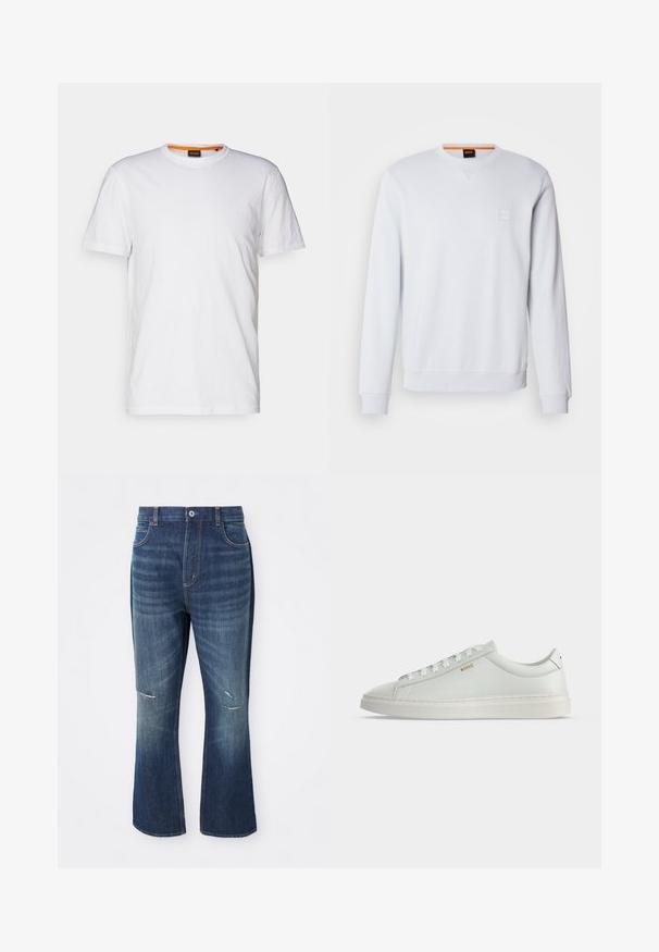 Hvid sweatshirt med lange ærmer, rund halsudskæring og diskret logo-patch. Glat tekstur og ribbede manchetter og kant for et tætsiddende look.; Hvid bomulds T-shirt med rund hals, korte ærmer og et subtilt præget logo på brystet. Indvendigt mærke har en orange detalje.; Blå denim flared jeans med let slid på begge knæ og en knaplukning i taljen, vist mod en hvid baggrund.; Hvid lavtop lædersneakers med snørebånd, flad sål og lille gyldent "BOSS" logo på siden, set fra ydersiden.