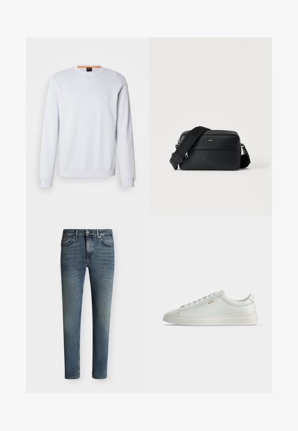 Hvid sweatshirt med lange ærmer, rund halsudskæring og diskret logo-patch. Glat tekstur og ribbede manchetter og kant for et tætsiddende look.; Blåslidte skinny jeans med fem lommer og lukning med knap og lynlås på ensfarvet baggrund.; Hvid lavtop lædersneakers med snørebånd, flad sål og lille gyldent "BOSS" logo på siden, set fra ydersiden.; Sort tekstureret læder crossbody taske med front lynlåslomme og justerbar bred stofskulderrem på hvid baggrund.