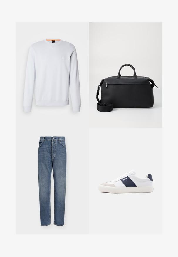 Weißes Sweatshirt mit langen Ärmeln, rundem Halsausschnitt und dezentem Logo-Patch. Glatte Textur sowie gerippte Bündchen und Saum für einen figurnahen Look.; Gerade geschnittene blaue Jeans aus Denim mit hoher Taille, Frontknopfverschluss und Fünf-Taschen-Design auf einem schlichten hellen Hintergrund.; Weißer Sneaker mit niedrigem Schaft, marineblauem Seitenstreifen, "BOSS" Logo, beiger Zehenkappe und weißer Sohle, seitlich auf hellem Hintergrund gezeigt.; Schwarze Leder-Reisetasche mit zwei Oberhandgriffen, einem abnehmbaren Schultergurt und einer Reißverschlusstasche auf der Vorderseite für zusätzlichen Stauraum.