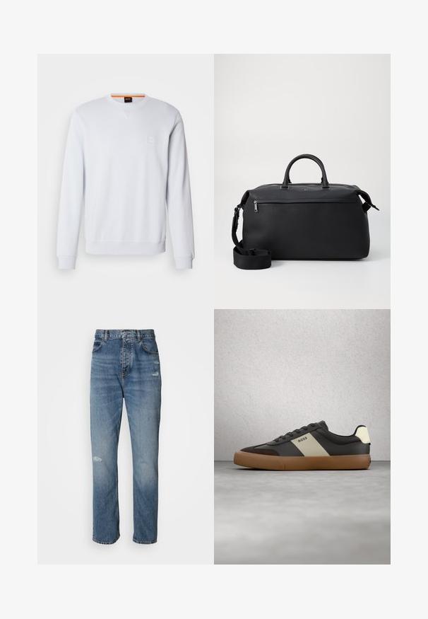 Sweat-shirt blanc à manches longues, col rond, avec un logo discrètement brodé. Texture lisse et poignets et ourlet côtelés pour un look ajusté.; Jean en denim bleu clair au design droit, avec une fermeture à bouton et zip, cinq poches et des détails usés près des genoux.; Baskets noires et brunes avec une bande beige et le logo "BOSS", flottant au-dessus d'un sol en béton gris et d'un mur en blocs de verre en arrière-plan.; Sac de voyage en cuir noir avec deux poignées supérieures, une bandoulière amovible et une poche avant zippée pour un espace de rangement supplémentaire.