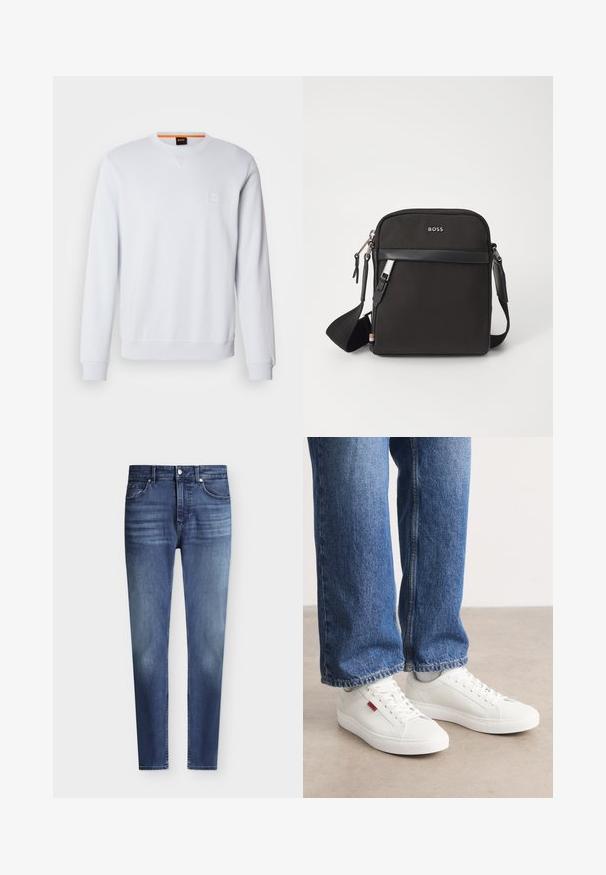 Sweat-shirt blanc à manches longues, col rond, avec un logo discrètement brodé. Texture lisse et poignets et ourlet côtelés pour un look ajusté.; Jean slim fit bleu en denim pour homme avec style classique à cinq poches et légère décoloration aux cuisses et aux genoux, fermeture par bouton et zip.; Baskets blanches avec une surface lisse, un bout rond et une semelle plate. Accompagnées d'un jean en denim bleu avec une coupe droite et des coutures visibles.; Sac bandoulière noir en tissu texturé, avec un logo sur le devant, fermeture éclair et une bandoulière réglable. Finitions en cuir lisse.