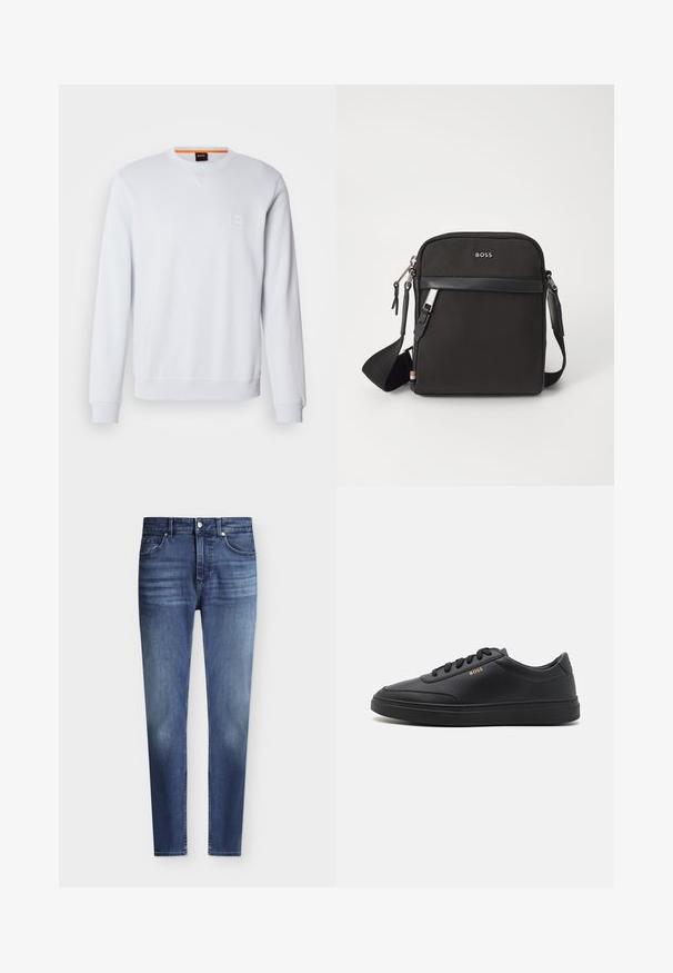 Sweat-shirt blanc à manches longues, col rond, avec un logo discrètement brodé. Texture lisse et poignets et ourlet côtelés pour un look ajusté.; Jean slim fit bleu en denim pour homme avec style classique à cinq poches et légère décoloration aux cuisses et aux genoux, fermeture par bouton et zip.; Baskets en cuir noir avec une texture lisse, bout rond, semelle en caoutchouc plate et lacets ton sur ton. Présente une marque "BOSS" dorée sur le côté.; Sac bandoulière noir en tissu texturé, avec un logo sur le devant, fermeture éclair et une bandoulière réglable. Finitions en cuir lisse.