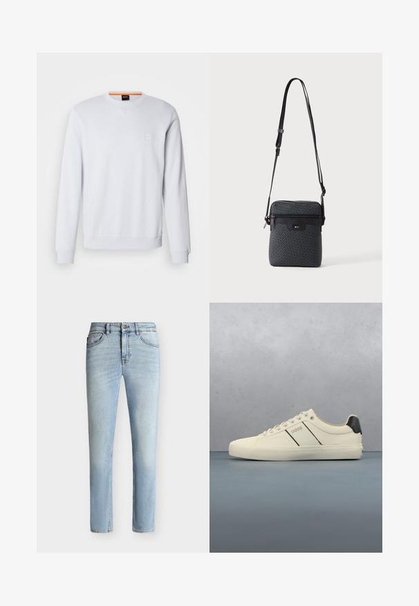 Weißes Sweatshirt mit langen Ärmeln, rundem Halsausschnitt und dezentem Logo-Patch. Glatte Textur sowie gerippte Bündchen und Saum für einen figurnahen Look.; Hellblaue Slim-Fit-Jeans aus Denim mit vorne Knopf und Reißverschluss, Fünf-Taschen-Design und subtiler Verblassung vom Oberschenkel bis zum Knie.; Cremfarbene Sneaker mit glatter Oberfläche, die schwarze Akzente und Markenlogo aufweisen. Klassisches Schnürdesign mit runder Zehenform und Gummisohle.; Kleine graue Umhängetasche mit verstellbarem Riemen, Frontreißverschlusstasche und geprägtem „BOSS“-Logo auf der Vorderseite.