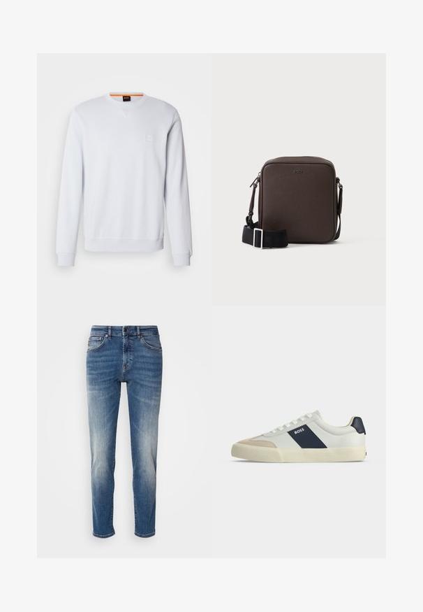 Witte sweatshirt met lange mouwen, ronde hals en subtiele logo patch. Soepele textuur en geribbelde manchetten en zoom voor een aangesloten look.; Blauwe denim jeans met een recht model, lichte vervaging, klassieke vijf-pocketstijl en een ritssluiting met knoopsluiting.; Witte lage sneaker met beige neus, donkerblauwe zijstreep met label BOSS, witte veters en rubberen zool op een neutrale achtergrond.; Compacte bruine leren crossbodytas met zwarte verstelbare band en zilveren gespen, geperst met het BOSS-logo aan de voorzijde in het midden.