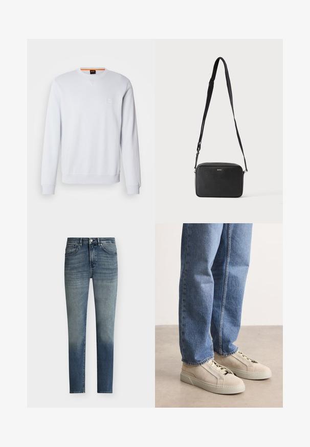 Hvid sweatshirt med lange ærmer, rund halsudskæring og diskret logo-patch. Glat tekstur og ribbede manchetter og kant for et tætsiddende look.; Herre slim-fit blå jeans med diskret falmet detalje, knaplukning og design med fem lommer.; BOSS GARYTENN_SDHDEL - Sneakers - natural ten; Sort rektangulær crossbody taske med justerbar rem og BOSS-logo foran, sat mod en ensfarvet lys baggrund.