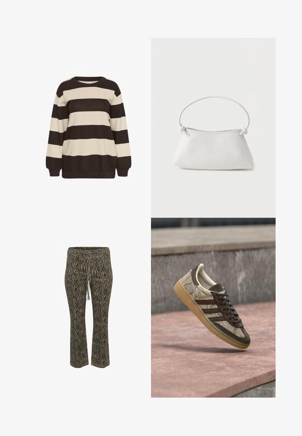 Crewneck-trui met brede, horizontale zwarte en beige strepen, lange mouwen, geribbelde manchetten en een klein roze hartje op de borst.; Elastische tailleband broek met trekkoord in khaki en beige zebra patroon. Middelhoge taille, uitlopende pijpen, zachte textuur. Geschikt voor casual wear.; Bruin en beige Adidas sneaker met slangenpatroon, gumzool en de tekst "SPEZIAL" zwevend boven een stenen oppervlak buiten.; Witte handtas van gevlochten leer met een afgeronde handgreep en uiteinden van de band die geknoopt zijn, afgebeeld tegen een effen achtergrond.