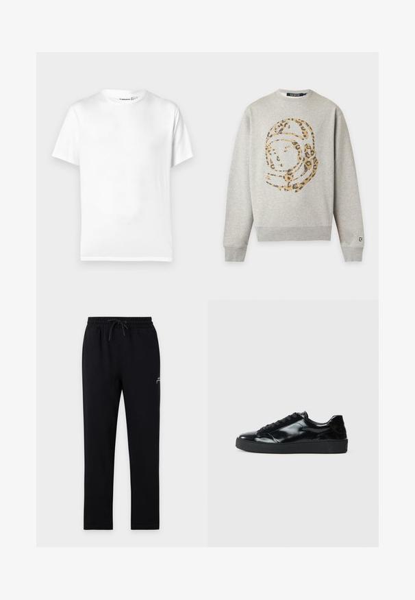 Sweat-shirt gris clair avec un motif de casque d'astronaute imprimé léopard beige et noir sur le devant.; T-shirt en coton blanc avec un col rond classique, des manches courtes et un ourlet droit. Texture lisse, sans motifs ni accents.; Pantalon de jogging noir avec taille élastique et cordon, jambes droites, avec un petit logo blanc sur la partie supérieure de la cuisse gauche.; Baskets en cuir verni noir avec un bout arrondi, un laçage, une semelle en caoutchouc texturé et une finition lisse.