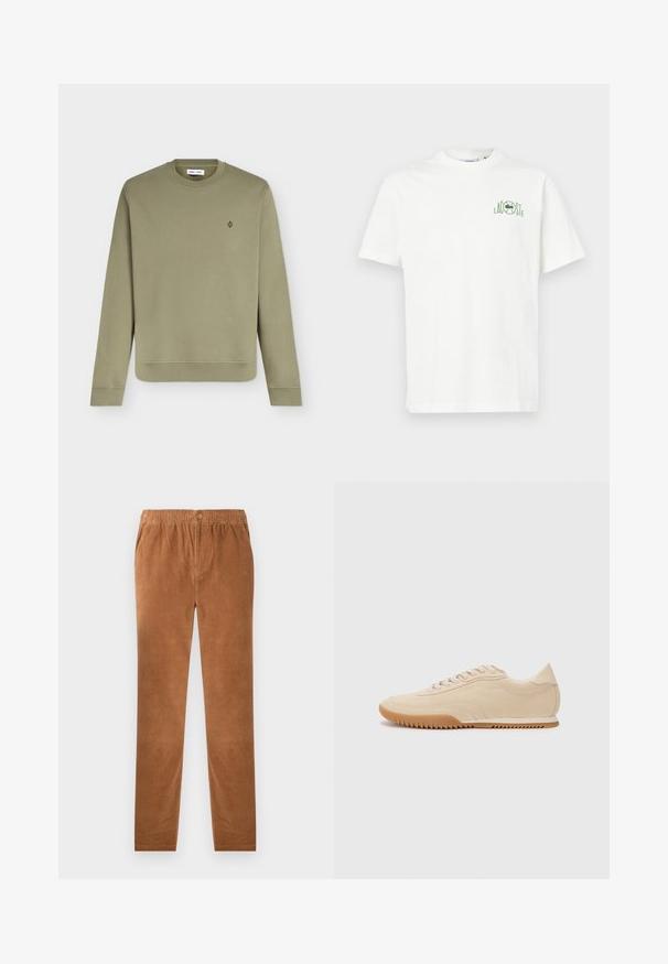 Sweat-shirt vert olive clair à manches longues et col rond, avec poignets et ourlet côtelés, avec un petit logo circulaire sur la poitrine gauche.; T-shirt en coton blanc avec un col rond et des manches courtes. Présente un logo Lacoste vert sur la partie gauche de la poitrine. Design simple et dépouillé.; Pantalons en velours côtelé marron avec une taille élastique, dotés d'une fermeture à bouton. Design à jambe droite et tissu doux et texturé.; Baskets en daim beige au design épuré, présentant une tige texturée, un bout rond et une semelle en caoutchouc avec un motif en zigzag.
