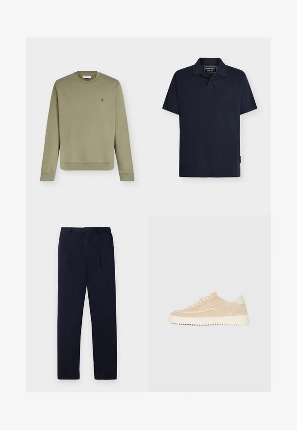Lyse olivengrøn langærmet crewneck sweatshirt med ribstrikkede manchetter og kant, med et lille rundt logo på venstre bryst.; Mørk marineblå kortærmet polo med krave og en lille sort mærkat på venstre sidesøm.; Marineblå bukser lavet af letvægtsstof med flad front, to folder og en standard knaplukning i taljen.; Beige ruskinds sneakers med hvid sål og snørebånd, lavtop design og zigzag mønster på sålen.