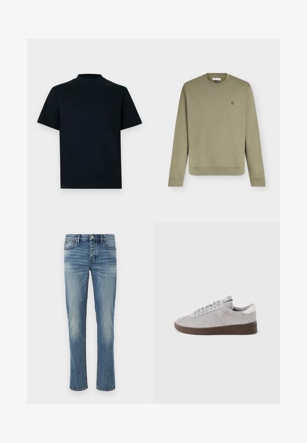 Lyse olivengrøn langærmet crewneck sweatshirt med ribstrikkede manchetter og kant, med et lille rundt logo på venstre bryst.; Kortærmet t-shirt i ensfarvet sort med høj halsudskæring. Fremstillet af glat stof, har et minimalistisk design og diskret branding på brystet.; Lyseblå denim jeans med lige ben, fem lomme-design, sølvknaplukning og let falming over hele stoffet.; Grå ruskindslavtop-sneaker med brunt sål, snørelukning foran og hvid hælaccent, vist på en ensfarvet hvid baggrund.
