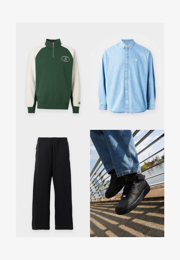 Pull vert et crème à manches longues avec col demi-fermeture éclair, écusson du logo sur la poitrine et logo Nike sur le poignet de la manche gauche.; Chemise en denim bleu clair à boutons avec manches longues, col pointu et petit logo sur la poitrine gauche. Offre une coupe décontractée et un design classique.; Pantalons de survêtement noirs en tissu doux, dotés d'une taille avec cordon de serrage, d'une coupe large et de poches latérales avec une texture lisse.; Baskets Nike Air Force 1 noires avec tige en cuir, languette en maille et semelle en caoutchouc, dotées d'un design montante et de lacets épais.