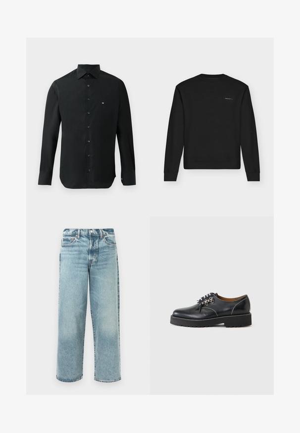 Zwarte longsleeve crewneck trui met subtiel klein wit tekstlogo op de linkerborst, een eenvoudig ontwerp en geribbelde boorden en zoom.; Zwarte longsleeve shirt van gladde stof, met een puntige kraag, knoopsluiting en een klein wit logo op de linkerkant van de borst.; Licht gewassen denim jeans met een ontspannen pasvorm, featuring een rechte pijp, medium hoge taille, vijf zakken en zichtbare stikdetails.; Zwarte leren veterlaars met chunky zool en metalen veteroogjes, zichtbare witte stiksels en een bruine voering, gezien vanaf de buitenkant.