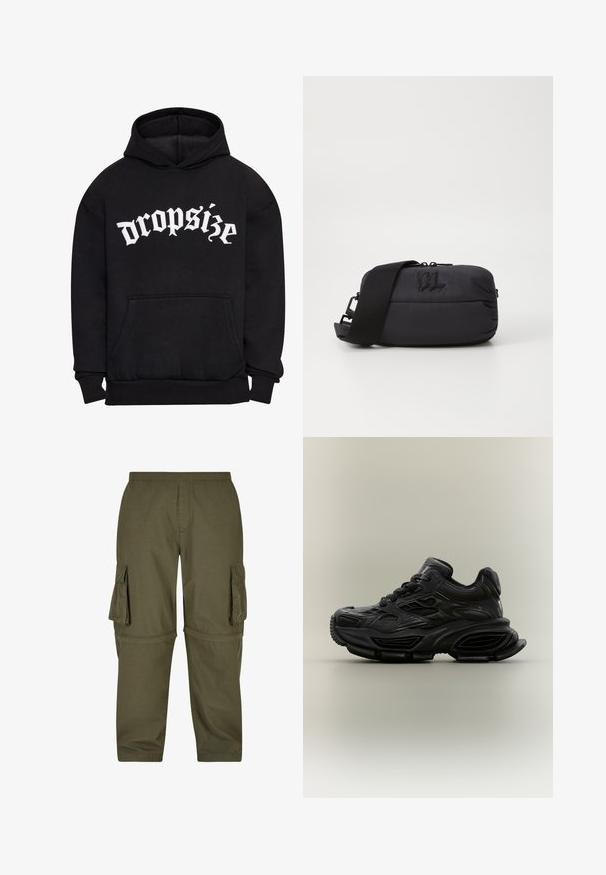 Schwarzer Hoodie mit einer Fronttasche, gerippten Bündchen und einer Kapuze. Große weiße Schrift "dropsize" wird auffällig auf der Brust angezeigt.; Olivgrüne Cargo-Hosen aus leichtem Material, mit mehreren Seitentaschen, einem elastischen Bund und einem geraden Schnitt.; Schwarzer klobiger Sneaker mit strukturiertem Design, dicker Sohle und Schnürverschluss vor schlichtem neutralem Hintergrund.; Schwarze Nylon-Schultertasche mit glatter Textur, Reißverschlussverschluss, verstellbarem Tragegurt und geprägtem Logo-Detail auf der Vorderseite.