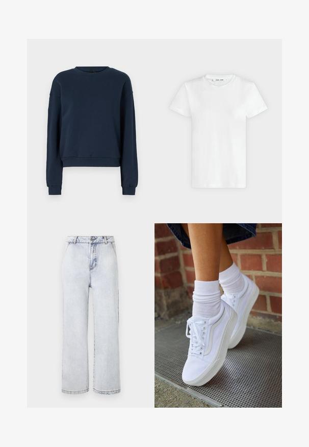 Marineblå sweatshirt lavet af blødt stof, med rund halsudskæring, lange ærmer og ribbede manchetter og kant. Simple design uden pynt.; En simpel hvid T-shirt med korte ærmer og rund hals lagt fladt på en lys grå baggrund, hvor forsiden med label inde i halsen vises.; Lyseblå denim bredbenede jeans med høj talje, med knaplukning, lige kant og minimal falming.; Hvide lærreds sneakers med gummisåler, der har seks snørehuller, rund tå og let sømdetaljer, krydret med hvide ankelstrømper.