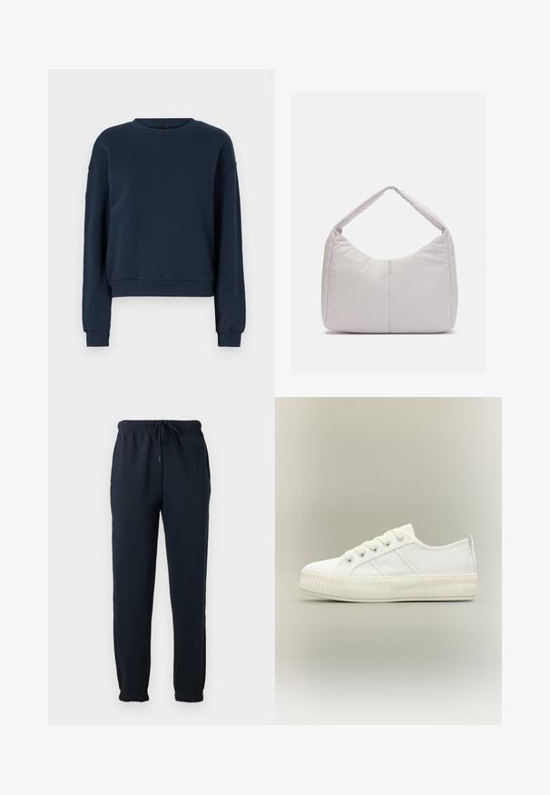 Sweatshirt bleu marine en tissu doux, avec un col rond, des manches longues et des poignets et un ourlet côtelés. Design simple sans embellissements.; Pantalon de survêtement noir avec taille élastique, cordon, poches latérales et poignets élastiques aux chevilles.; Baskets basses blanches avec semelle épaisse côtelée, lacets à l'avant et languette à l'arrière sur fond neutre.; Sac d'épaule rembourré gris clair avec une forme courbée, doté d'une seule poignée et d'une surface lisse et texturée. Design simple sans matériel supplémentaire.