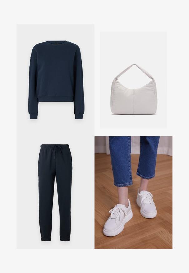 Sweatshirt bleu marine en tissu doux, avec un col rond, des manches longues et des poignets et un ourlet côtelés. Design simple sans embellissements.; Pantalon de survêtement noir avec taille élastique, cordon, poches latérales et poignets élastiques aux chevilles.; Jambes portant un jean court bleu et des baskets blanches à plateforme à lacets, debout sur un sol en bois clair.; Sac d'épaule rembourré gris clair avec une forme courbée, doté d'une seule poignée et d'une surface lisse et texturée. Design simple sans matériel supplémentaire.