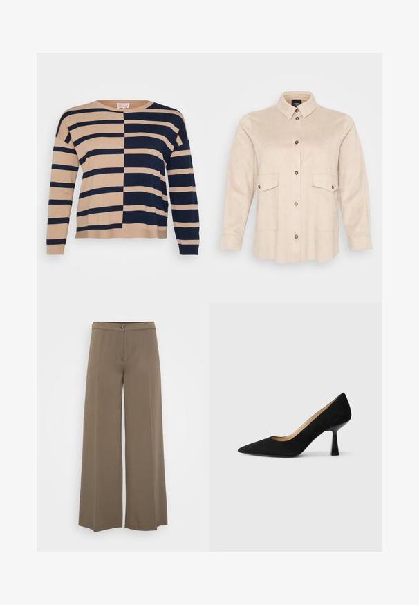 Suéter a rayas beige y marino con rayas horizontales, puños acanalados y un corte holgado con un cuello redondo.; Camisa beige de manga larga hecha de material similar al ante, con cuello de solapa, dos bolsillos delanteros y cierre de botones oscuros.; Pantalones de pierna ancha en un tejido marrón sólido, con cierre de botón, frente plano y textura suave, diseñados para un ajuste relajado.; Zapato de tacón alto de ante negro con punta afilada, que cuenta con un tacón de bloque negro brillante y un forro interior suave.