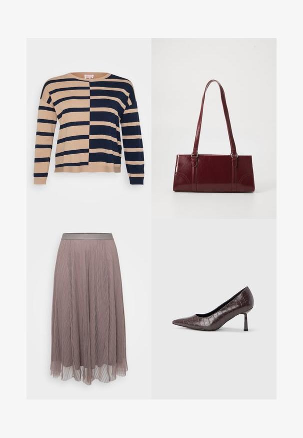 Beige og navy stribet sweater med vandrette striber, ribbede manchetter og en afslappet pasform med en rund halsudskæring.; Plisseret midiskørt i blød mauve med en glat satin-linning. Letvægts, flydende materiale med lodrette striber og gennemsigtige lag.; Brune kunstlæder stiletter med spidse tæer og krokodilletekstur, der har en slank, vinklet hæl og en glat inderside.; Bordeaux håndtaske lavet af glansfuldt materiale, rektangulær form, med to skulderremme og subtile buede detaljer på forsiden.