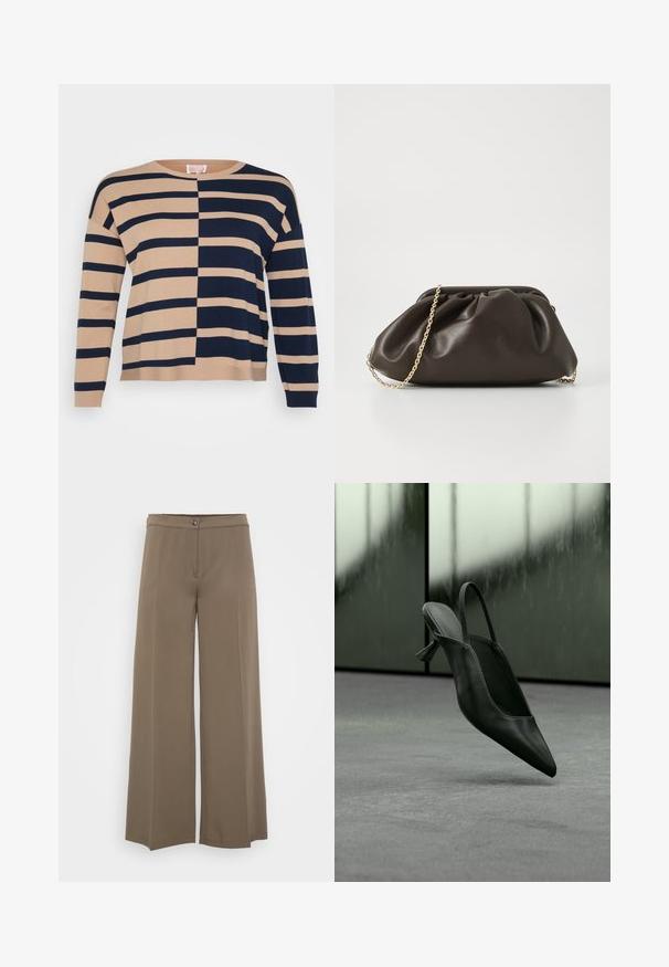Beige- und marineblau gestreifter Pullover mit horizontalen Streifen, gerippten Bündchen und einer lockeren Passform mit rundem Halsausschnitt.; Weite Hosen aus einem einfarbigen braunen Stoff, mit einem Knopfverschluss, flachem Vorderteil und glatter Textur, entworfen für eine lockere Passform.; Schwarzer Slingback-Highheel aus Leder mit spitzer Schuhspitze, schwebt über grauem Teppichboden, unscharfer grünlicher Wandhintergrund.; Braune Lederhandtasche mit gerafftem Design, goldenen Kettenriemen und weicher, strukturierter Oberfläche. Kompakte Form, die sich für den abendlichen Gebrauch eignet.