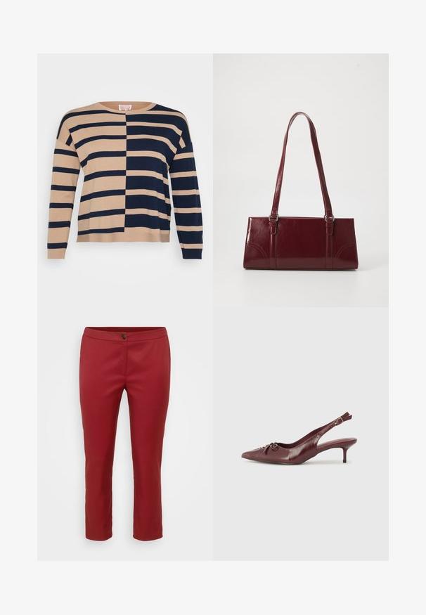 Beige og navy stribet sweater med vandrette striber, ribbede manchetter og en afslappet pasform med en rund halsudskæring.; Røde skræddersyede bukser i glat stof, med en frontlukning med knap og lige ben, designet til en tætsiddende silhuet.; Bordeaux læder slingback hæl med spidse tå, justerbar rem og dekorativ sløjfedetalje foran. 7,5 cm hælhøjde.; Bordeaux håndtaske lavet af glansfuldt materiale, rektangulær form, med to skulderremme og subtile buede detaljer på forsiden.