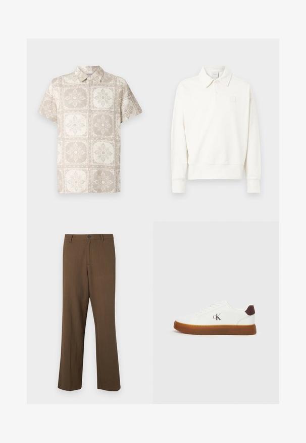Hvid pullover polo med krave, der har et diskret broderet logo på venstre bryst, lavet af blødt stof med en let tekstureret finish.; Kortærmet skjorte med knapper i beige med et gentaget blomsterdesign. Fremstillet af et let stof med et naturligt, struktureret udseende.; Brune, lige bukser lavet af tekstureret stof, med knaplukning og standard talje, samt sidelommer og skrædder-sømme.; Hvide sneakers med en gummisål, flade snørebånd og en hæl-accent i brunt ruskind. Har et subtilt præget "cK" logo på siden.
