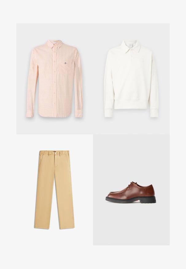 Weißes Poloshirt mit Pullover-Design und Kragen, mit einem dezenten, auf der linken Brustseite gestickten Logo, aus weichem Stoff mit leicht strukturierter Oberfläche gefertigt.; Hellorange und weiße kariert Stoffhemd mit langen Ärmeln, Button-Down-Kragen und Brusttasche. Verfügt über ein dezentes Logo auf der Tasche.; Beige gerade Hose mit Gürtelschlaufen, vorderem Knopf und schrägen Seitentaschen, flach auf weißem Hintergrund liegend.; Braune Lederdressschuhe mit abgerundetem Zehenbereich, kontrastierendem Stich, Schnürdesign und einer strukturierten schwarzen Gummisohle.