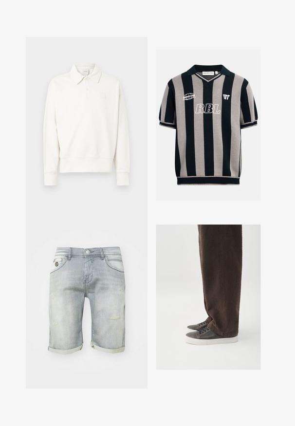 Weißes Poloshirt mit Pullover-Design und Kragen, mit einem dezenten, auf der linken Brustseite gestickten Logo, aus weichem Stoff mit leicht strukturierter Oberfläche gefertigt.; Strickpoloshirt mit kurzen Ärmeln, schwarzen und grauen vertikalen Streifen, Kragen und weißen "RBL"- sowie Logografiken auf der Brust.; Helleblaue Denim-Shorts mit einem ausgewaschenen Look, umgeschlagenen Säumen, Fronttaschen und abgetragenen Details am Oberschenkel. Knopfverschluss auf Taillenhöhe.; Dunkelbraune, strukturierte Hose kombiniert mit grauen Sneakern, die ein glattes Lederobermaterial, eine abgerundete Spitze und eine weiße Gummisohle aufweisen.