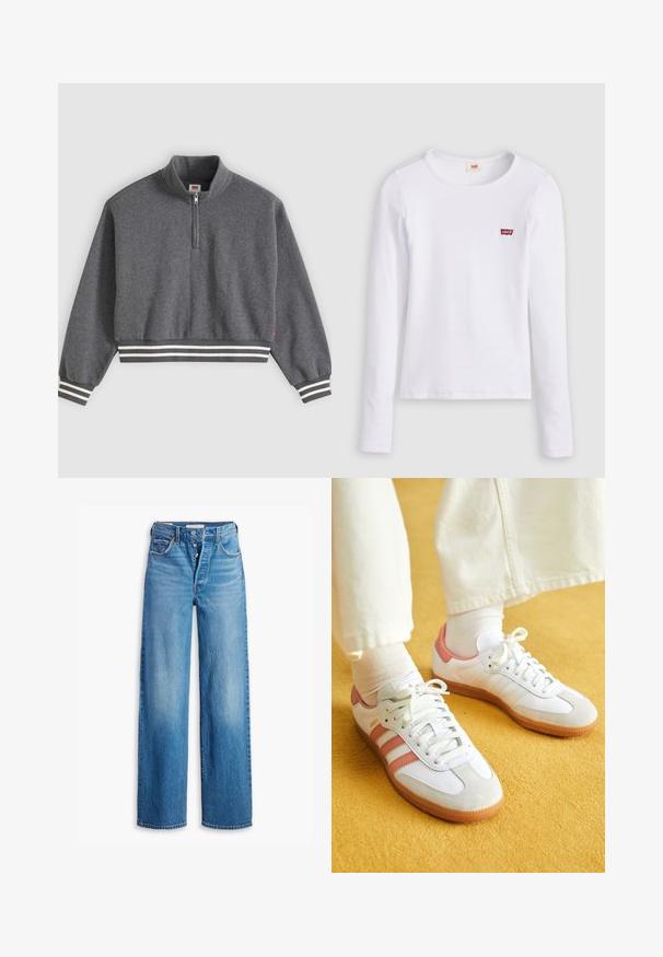Dunkelgrauer, kurz geschnittener Sweatshirt mit einem Viertel-Reißverschluss, Stehkragen, langen Ärmeln und gestreiften, gerippten Bündchen und Saum.; Weißes Levi's Langarmshirt mit Rundhalsausschnitt und kleinem rotem Levi's Logo auf der linken Brust, dargestellt vor einfarbigem Hintergrund.; Blaue Denim-Jeans mit hoher Taille, weitem Bein-Design und Fünf-Taschen-Stil. Sie verfügen über einen Knopfverschluss und ein verwaschenes Finish.; Weiße Sportschuhe mit pinken Akzenten, aus Wildleder und Leder, runde Zehenform und Gummisohle, dargestellt mit hellen Socken vor einem gelben Hintergrund.