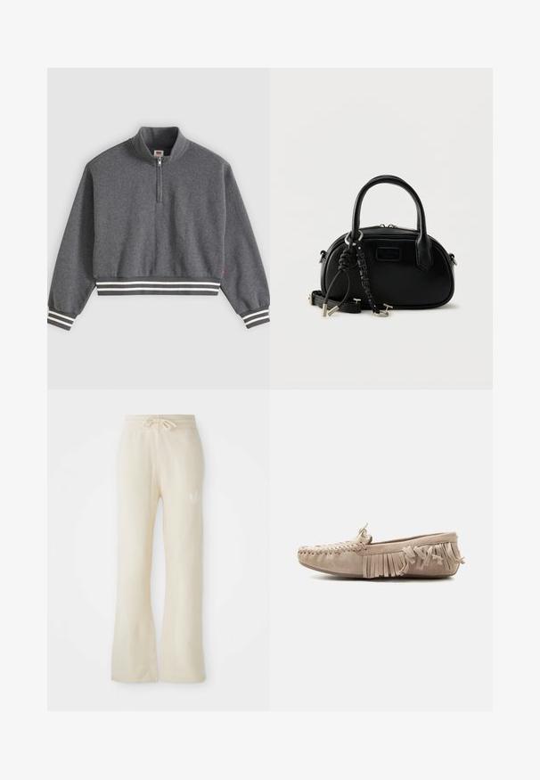 Mørkegrå cropped sweatshirt med kvartlynlås, høj krave, lange ærmer og stribede ribkanter ved ærmer og kant.; Cremefarvede sweatpants med en blød tekstur, featuring en snoretræk i taljen og flair ben. Diskret logo detalje på venstre hofte.; Beige ruskind mokasin med syet tå, sløjfedetalje foran og frynser på siderne, vist i profil på hvid baggrund.; Sort læder rund håndtaske med dobbelte håndtag, aftagelig rem og mærket nøglekæde, placeret på en hvid overflade.