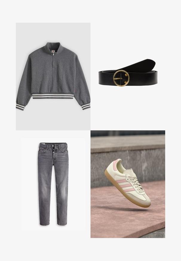 Sweat-shirt court gris foncé avec une fermeture éclair au quart, col montant, manches longues, et poignets et ourlet côtelés rayés.; Jean en denim gris avec une taille haute. Caractéristiques : cinq poches, fermeture à bouton et zip, et texture légèrement décolorée avec des coutures contrastantes.; Baskets en cuir beige avec des accents roses, comportant trois bandes latérales, un bout arrondi et une semelle en gomme texturée. Collet légèrement rembourré.; Ceinture en cuir noir avec une boucle ronde en ton doré. La ceinture présente une surface texturée et des extrémités effilées pour un design épuré.
