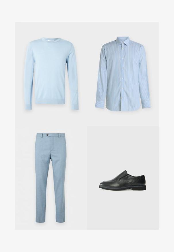 Pull à manches longues bleu clair en matériau doux. Il présente un col rond et des poignets côtelés aux manches et à l'ourlet. Design simple.; Chemise habillée pour homme à manches longues avec des rayures verticales bleu clair, blanc et jaune et un col pointu, boutonnée sur le devant.; Pantalon bleu clair ajusté pour homme avec passants de ceinture, fermeture à boutons et coupe slim.; Chaussure slip-on en cuir noir avec une tige lisse, des accents cousus, un bout arrondi et un petit talon en caoutchouc. La semelle présente un profil de traction minimal.