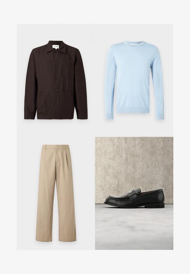 Pull à manches longues bleu clair en matériau doux. Il présente un col rond et des poignets côtelés aux manches et à l'ourlet. Design simple.; Veste boutonnée marron foncé avec col, poche poitrine et deux poches inférieures à l'avant sur un fond uni clair.; Pantalon beige à jambes larges avec passants de ceinture, fermeture éclair devant, et plis, présenté sur fond blanc.; Mocassin en cuir noir avec une plaque de marque en métal reposant près d'une table ronde marron sur un sol recouvert de moquette beige.
