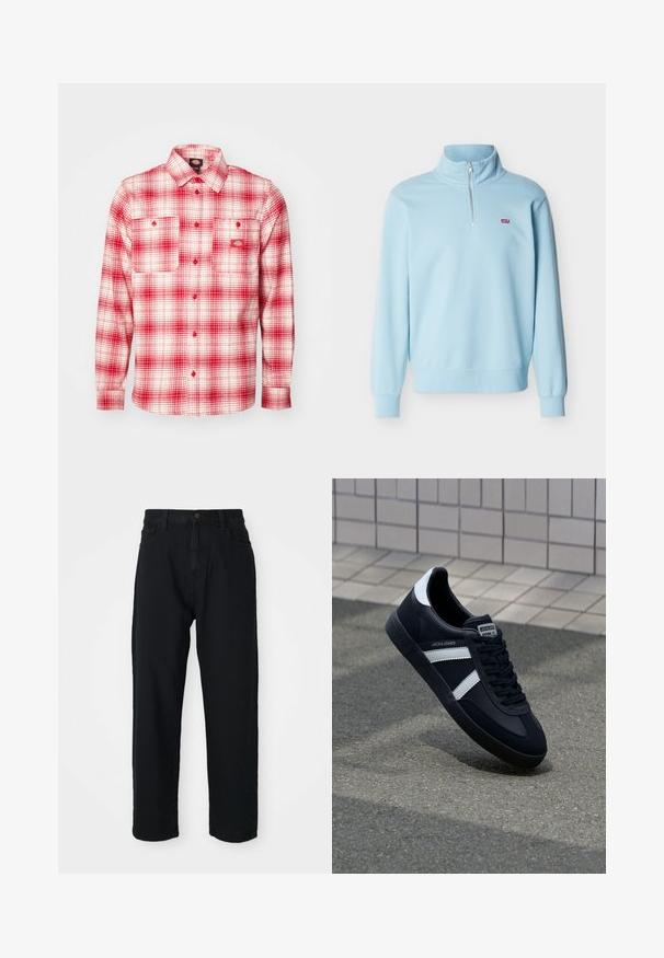 Helehall sinise varrukatega pullover, millel on veerandlukk ja väike punane Levi'si logo vasakul rinnal.; Punane ja valge ruuduline flanellist särk, millel on pikad varrukad, nööpidega ees, kaks rinnataskut ja sildiga vasakul. Pehme tekstuur.; Mustad denim püksid sirge lõikega. Omavad klassikalist viie tasku disaini, nupuga kinnitust ja peent kangatekstuuri.; Must have musta sneaker musta valgete triipudega, tekstuurne kummitald ja nööridega esiosa. Omab bränditud märki keele peal.
