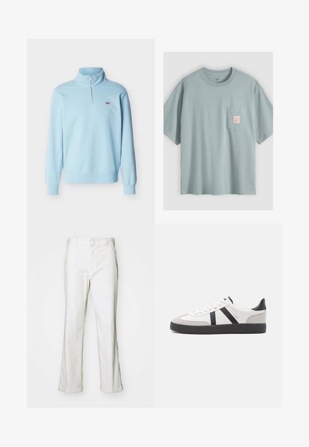 Svetlomodrý pulóver s dlhými rukávmi, štvrťovým zipsom a malým červeným logom Levi's na ľavej strane hrude.; Svetlomodré bavlnené tričko s krátkym rukávom a náprsným vreckom, na ktorom je malá biela etiketa s červeným textom.; Biele bavlnené nohavice so strihom na rovno, s pásom a štandardnými vreckami. Tkanina vyzerá hladko a je mierne textúrovaná.; Biele tenisky s čiernymi a šedými akcentmi, s textúrovanou šedou špičkou, čiernou gumovou podrážkou a plochými bielymi šnúrkami. Čistý dizajn, minimalistický štýl.