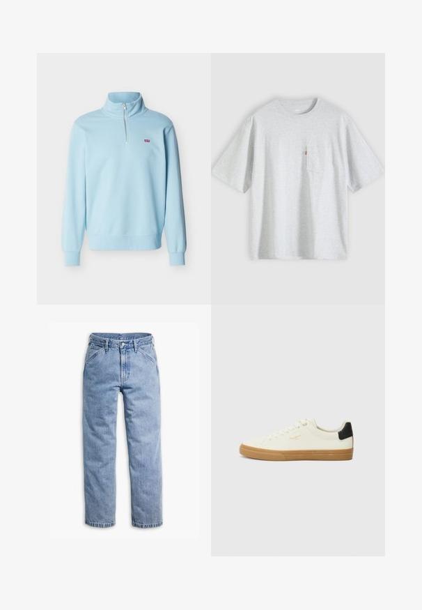 Jersey de manga larga azul claro con una cremallera de un cuarto y un pequeño logo rojo de Levi's en el pecho izquierdo.; Camiseta de manga corta color gris claro con cuello redondo y un pequeño bolsillo en el pecho en el lado izquierdo con una etiqueta roja.; Vaqueros de mezclilla azul claro de pierna recta con cierre frontal de botón y cremallera, trabillas para cinturón y bolsillos delanteros inclinados.; Zapatilla de lona blanca con suela de goma, acento negro en el talón, punta redonda y diseño con cordones. Presenta el logo de la marca en dorado en el lateral.